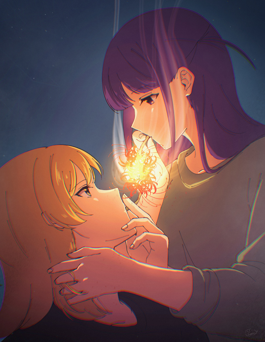 2girls, absurdres, blonde_hair, chromatic_aberration, commentary, constellation, daiba_nana, flower