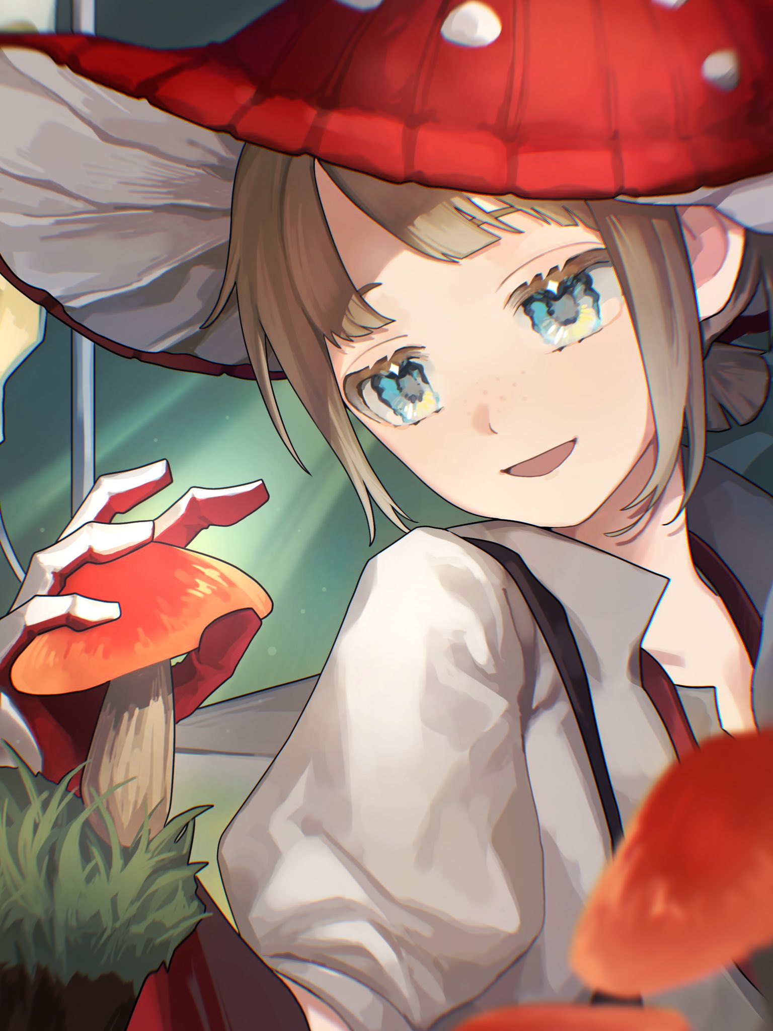 1boy, :d, ajinasi_nori, blonde_hair, blue_eyes, ezra_theodore, gloves, hand_up