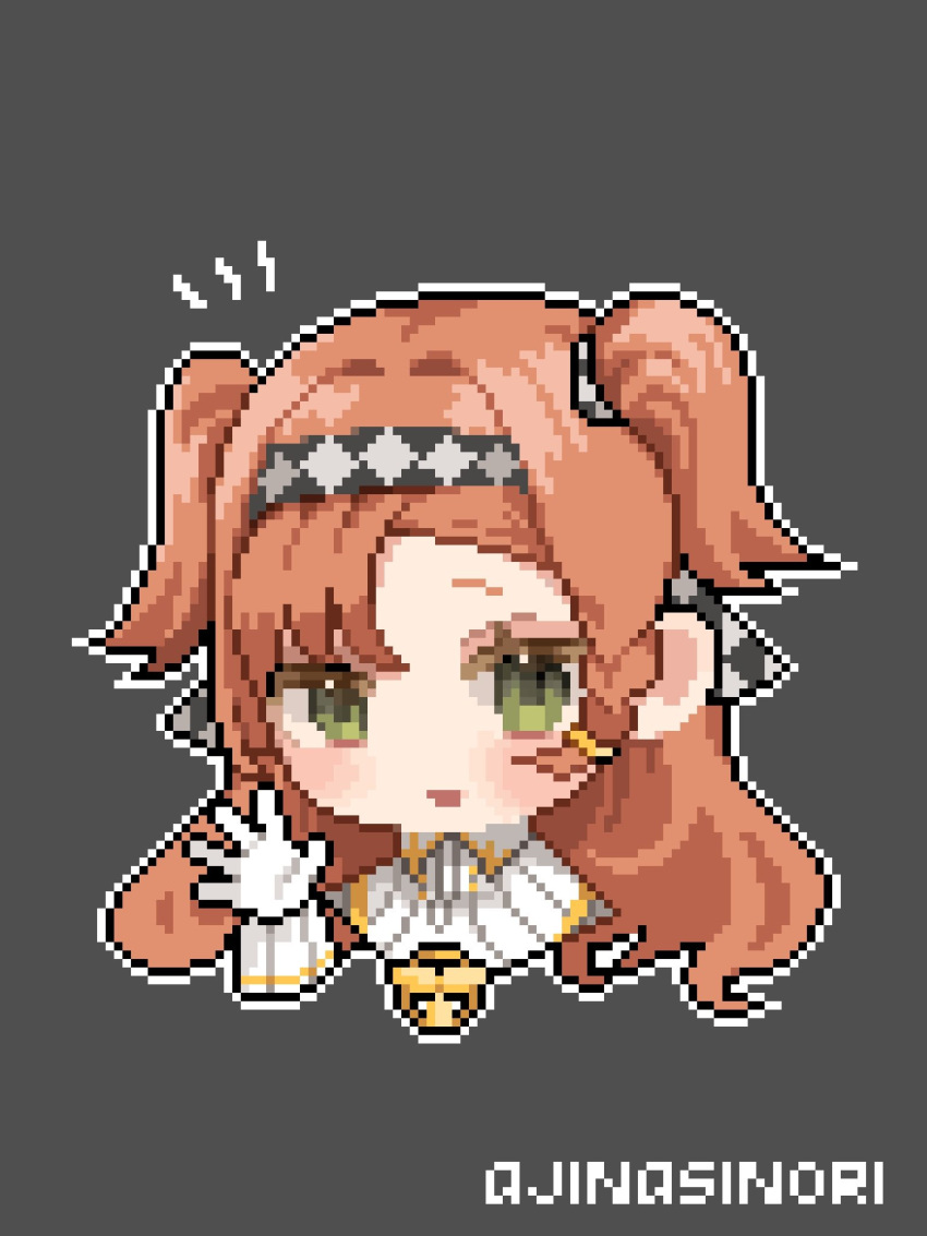 1girl, :d, ajinasi_nori, artist_name, checkered_hairband, chibi, cropped_torso, gloves