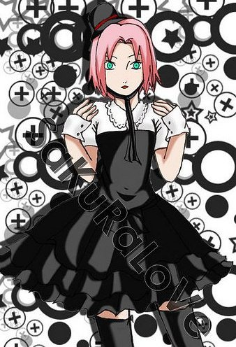 alternate_costume, arms_up, black_clothing, black_dress, black_thighhighs, blue_eyes, dress, female, haruno_sakura, hat, looking_at_viewer, naruto, open_mouth, pink_hair, short_hair, solo, text, thigh-highs