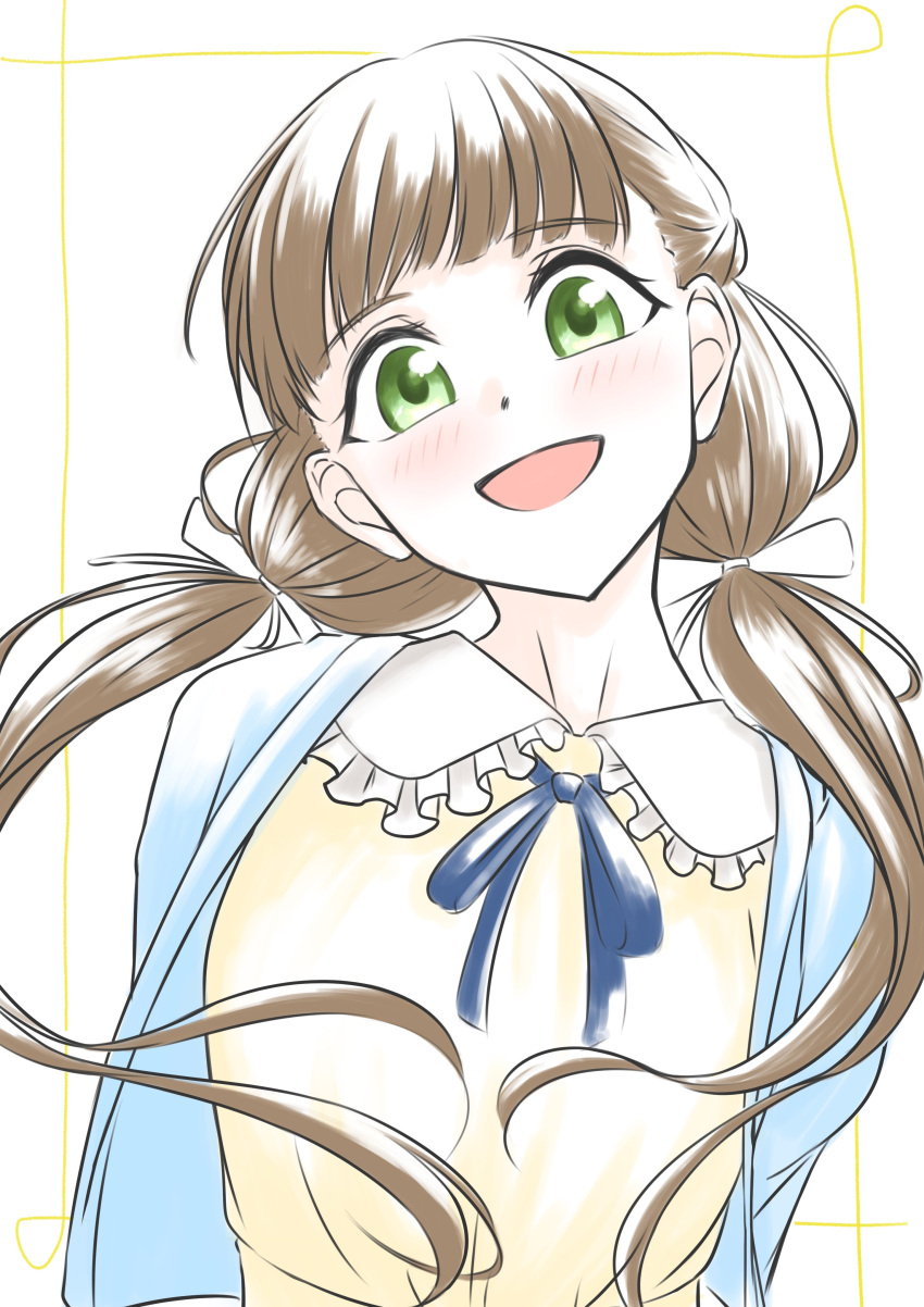 1girl, :d, absurdres, blue_cardigan, blue_ribbon, blush, border, brown_hair