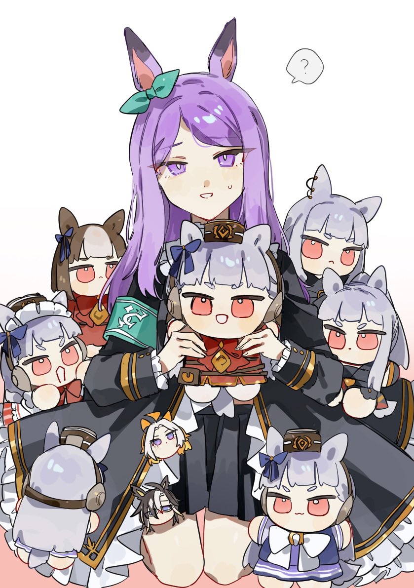 1girl, ?, animal_ears, armband, blush, character_doll, closed_mouth, commentary_request, doll, dream_journey_(umamusume), gold_ship_(umamusume), hair_ornament, holding, horse_ears, horse_girl, horse_tail, kneeling, long_hair, looking_at_viewer, mejiro_mcqueen_(umamusume), nepipi, orfevre_(umamusume), solo, sweat, tail, umamusume, white_background