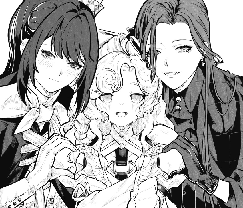 3girls, :d, :|, bandaged_hand, bandages, cape, closed_mouth, collared_shirt