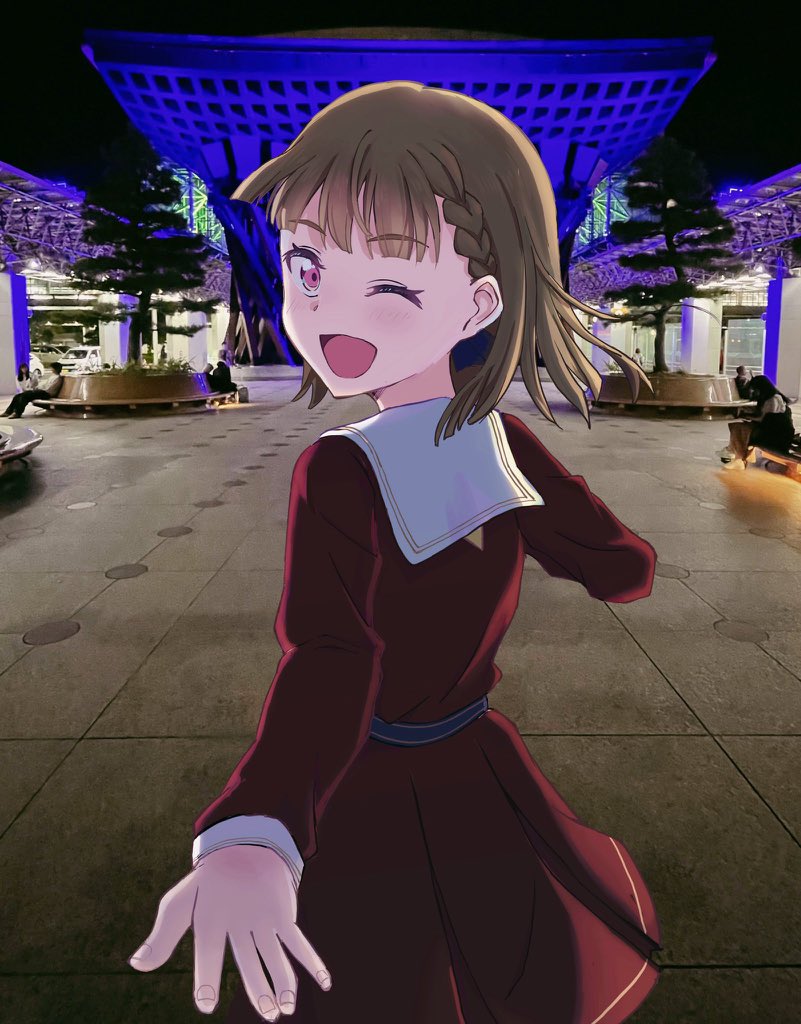1girl, ;d, black_bow, blunt_bangs, blush, bow, braid, brown_dress