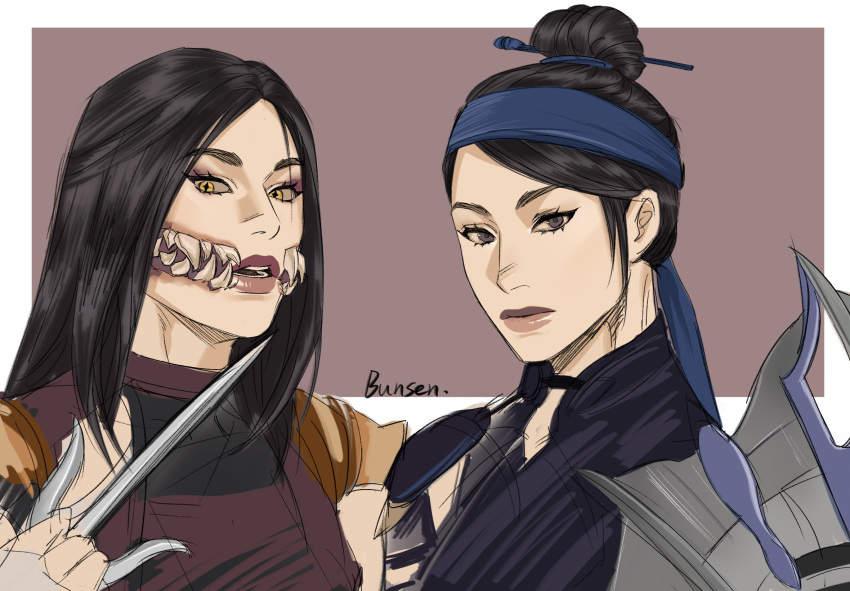 2girls, by18454849, hair_bun, highres, holding, holding_weapon, kitana, long_hair