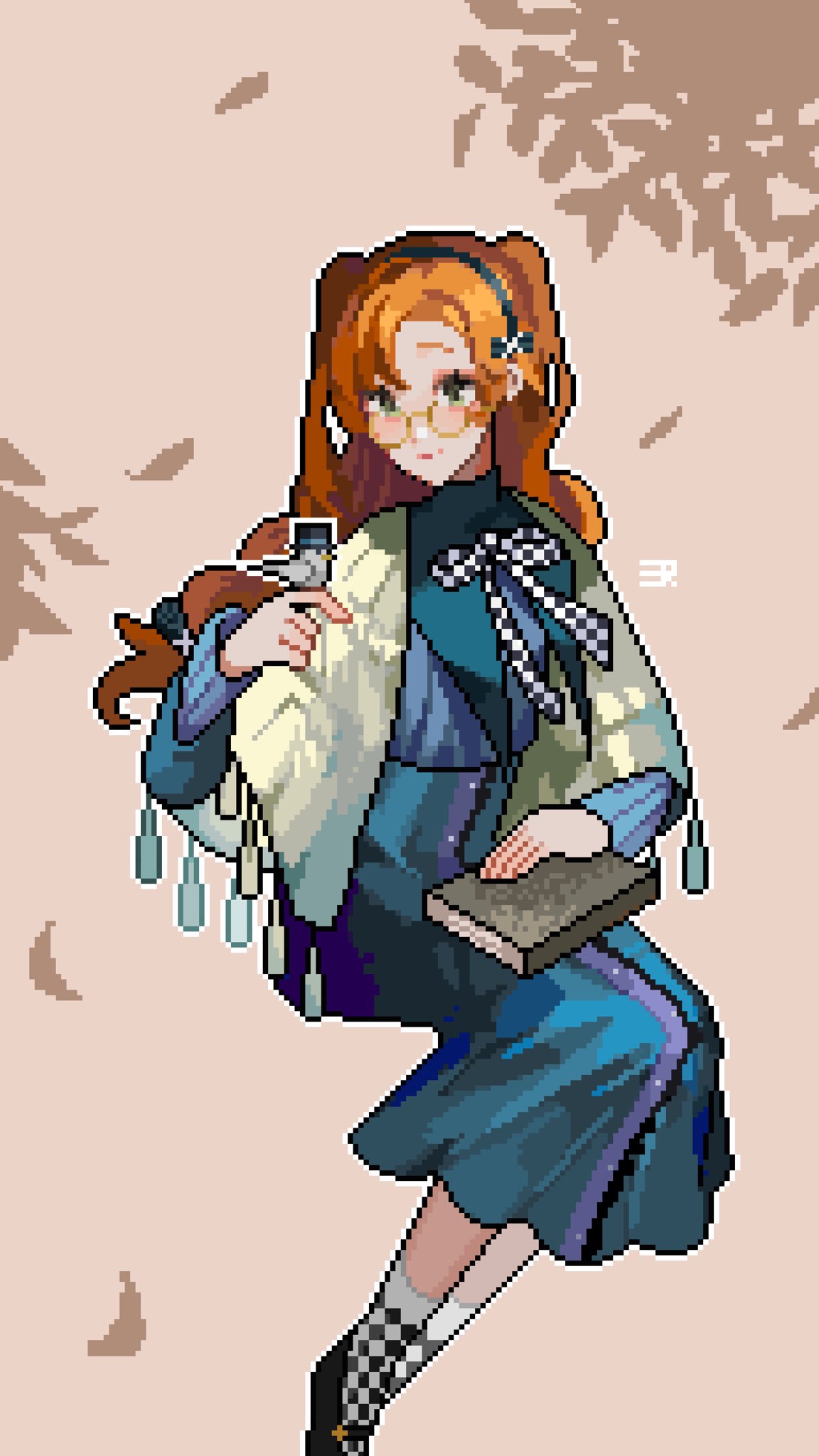 1girl, ajinasi_nori, bird, bird_on_hand, black_bow, black_footwear, black_hairband, blue_dress, book, book_on_lap, bow, capelet, checkered_ribbon, checkered_socks, dress, full_body, glasses, green_eyes, hair_bow, hairband, hand_up, highres, invisible_chair, leaf, long_dress, long_hair, looking_at_viewer, mary_janes, official_alternate_costume, orange_hair, pink_background, pixel_art, reverse:1999, round_eyewear, shoes, sitting, smile, solo, sonetto_(emotion_in_tranquility)_(reverse:1999), sonetto_(reverse:1999), twintails, two_side_up, white_capelet