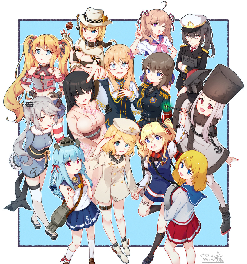 6+girls, absurdres, andrea_doria_(warship_girls_r), anqiao_de_monv, bell, beret, bismarck_(warship_girls_r), black_hair, blonde_hair, blue_eyes, blue_hair, braid, breasts, brown_hair, cowboy, curly_hair, flower, food, fubuki_(warship_girls_r), fur_hat, gearing_(warship_girls_r), glasses, grey_hair, hair_flower, hair_ornament, hat, heterochromia, highres, hood_(warship_girls_r), japanese_clothes, kimono, large_breasts, long_hair, looking_at_viewer, military, military_uniform, multiple_girls, nevada_(warship_girls_r), ning_hai_(warship_girls_r), one_eye_closed, open_mouth, peaked_cap, pink_eyes, pink_hair, red_eyes, reshitelny_(warship_girls_r), sailor_collar, school_uniform, short_hair, side_braids, side_ponytail, skirt, smile, thigh-highs, twintails, two_side_up, vauquelin_(warship_girls_r), violet_eyes, warship_girls_r, weibo_logo, weibo_watermark, white_hair, yamashiro_(warship_girls_r), yellow_eyes, z16_friedrich_eckoldt_(warship_girls_r)