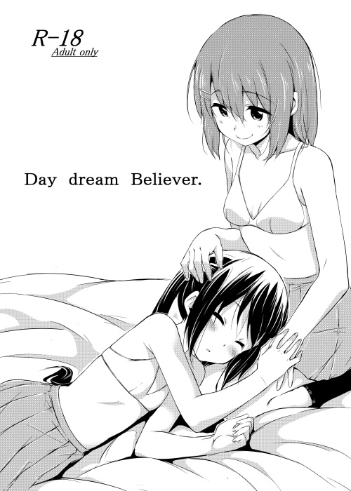 bra, closed_eyes, english, eyes_closed, hair_ornament, hairclip, hamao, hand_on_head, hirasawa_yui, hizamakura, holding_hands, k-on!, lap_pillow, lingerie, monochrome, multiple_girls, nakano_azusa, no_shirt, skirt, smile, underwear
