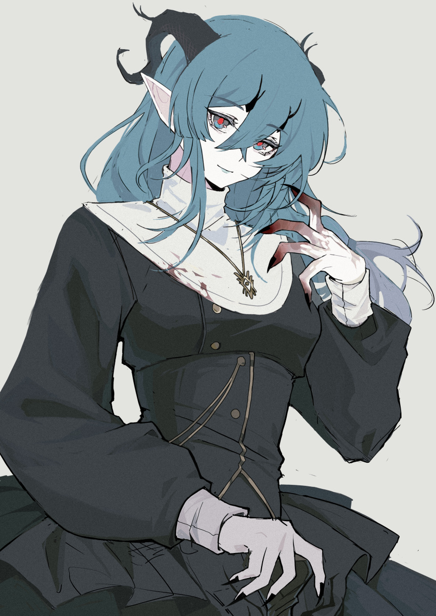 1girl, absurdres, aqua_eyes, arknights, black_dress, demon_girl, demon_horns, dress