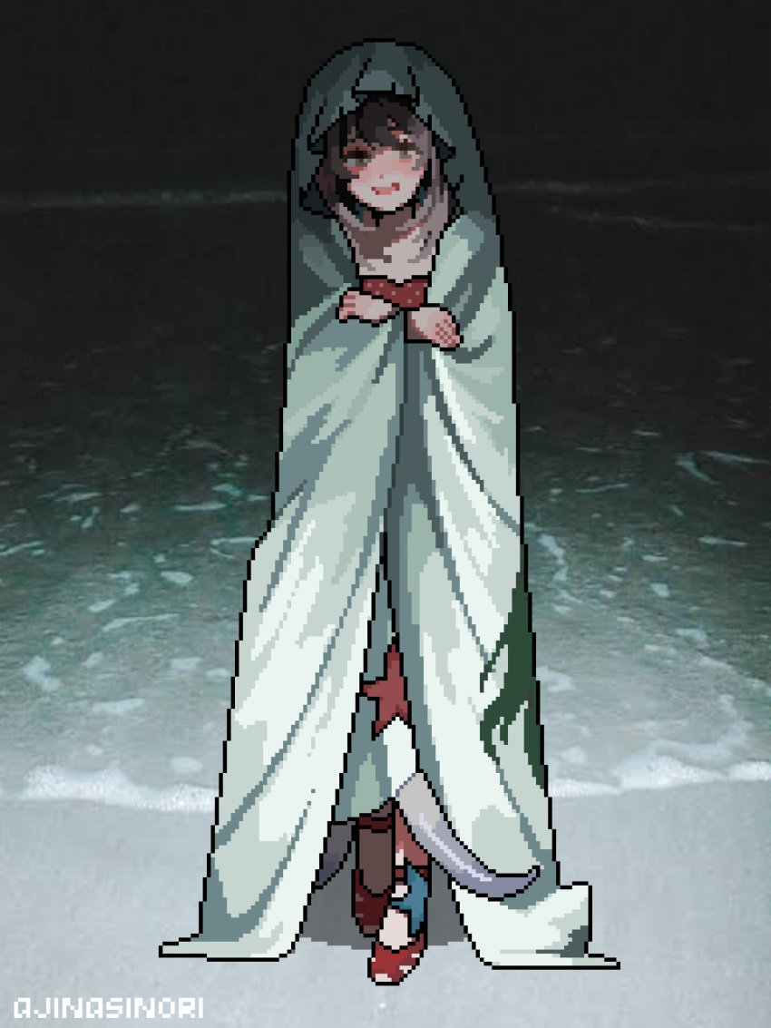 1girl, :d, ajinasi_nori, artist_name, beach, crossed_arms, dark, dark_background