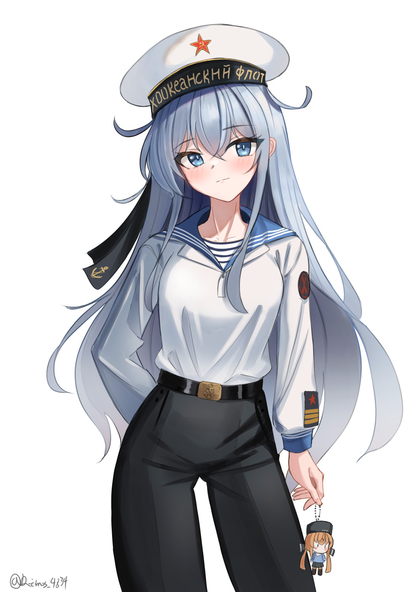 1girl, absurdres, alternate_costume, belt, black_belt, black_pants, blue_sailor_collar, cyrillic, dimos_(dawn_1945), grey_hair, hat, hibiki_(kancolle), highres, kantai_collection, long_hair, military_uniform, pants, red_star, russian_text, sailor_collar, sailor_hat, school_uniform, serafuku, simple_background, solo, star_(symbol), tashkent_(kancolle), verniy_(kancolle), white_background, white_serafuku