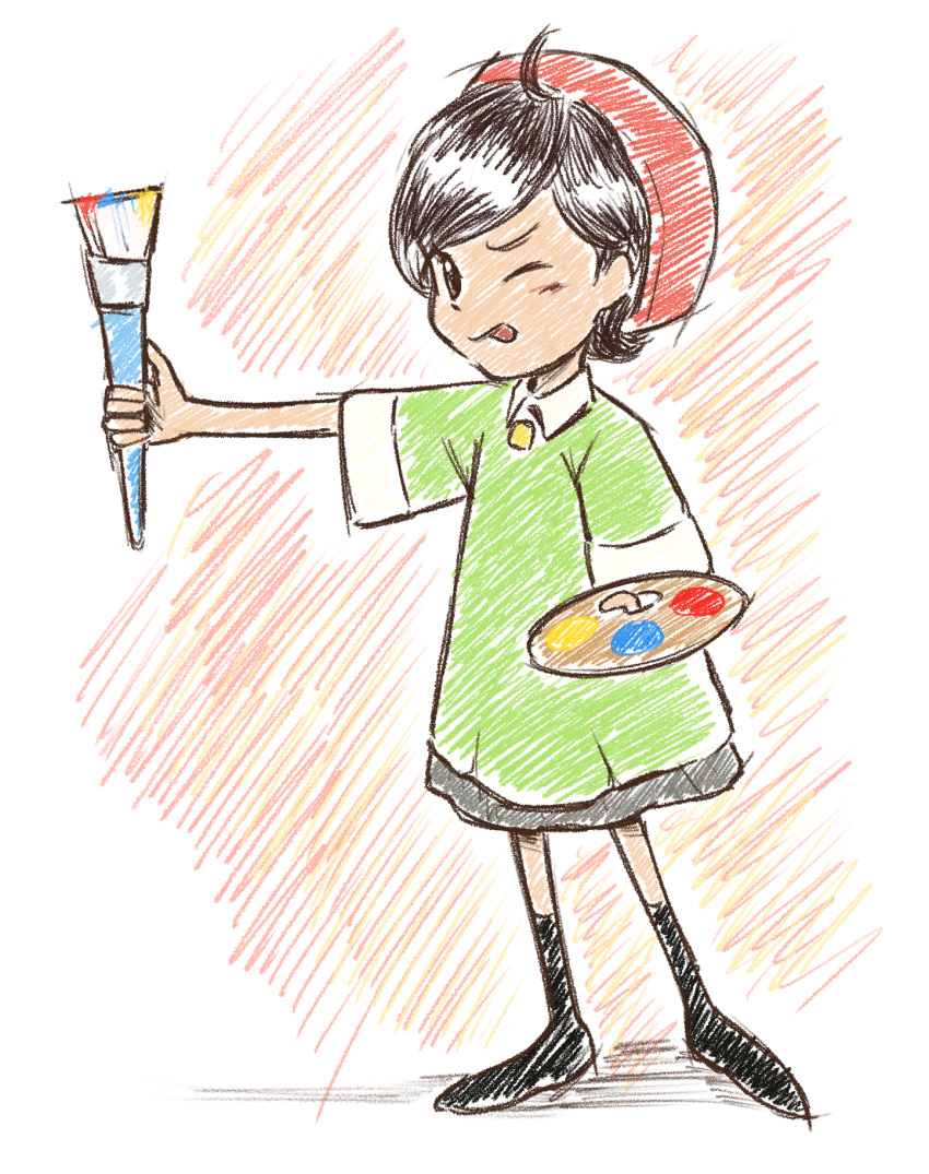 1girl, ado_(kirby), ahoge, beret, black_hair, full_body, hat, highres, holding, holding_paintbrush, kirby's_dream_land_3, kirby_(series), one_eye_closed, paintbrush, palette_(object), red_hat, solo, standing, ushio_(72145253)