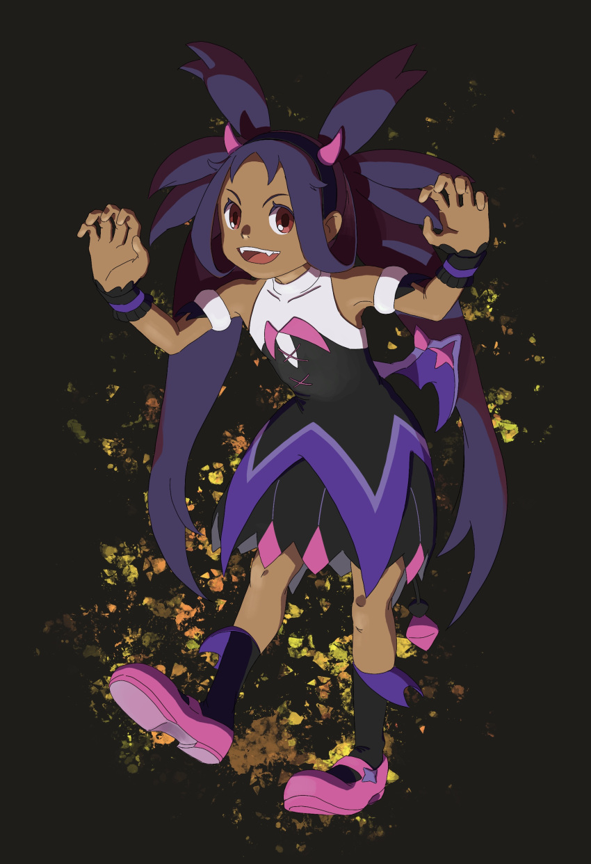 1girl, absurdres, black_background, dark-skinned_female, dark_skin, fake_horns, fake_tail, fake_wings, full_body, ghost_pose, highres, horns, iris_(fall_2022)_(pokemon), iris_(pokemon), looking_at_viewer, official_alternate_costume, open_mouth, pink_footwear, pokemon, pokemon_masters_ex, purple_hair, red_eyes, solo, tail, ushio_(72145253), wings, wrist_cuffs