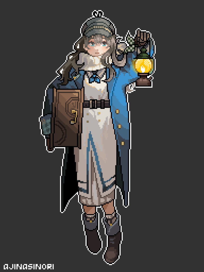 1girl, ajinasi_nori, ankle_boots, armpit_carry, artist_name, belt, blue_coat, blue_eyes