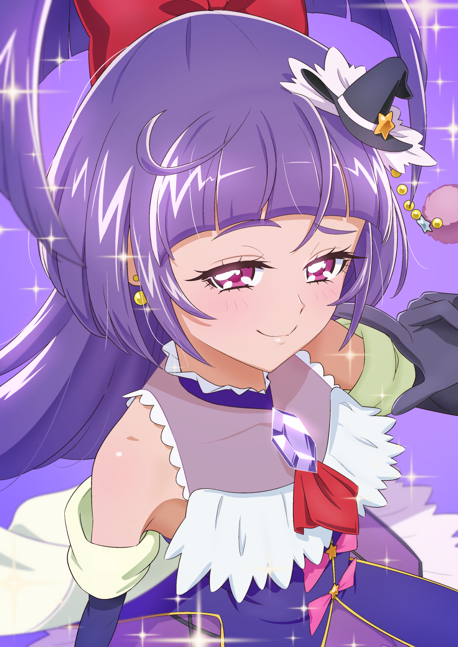 1girl, ascot, bare_shoulders, bishie_sparkle, black_gloves, black_hat, blunt_bangs, blush