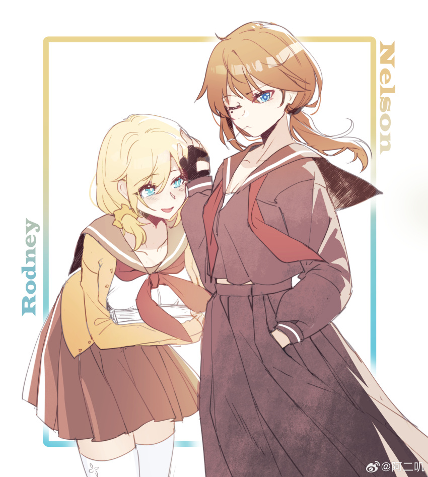 2girls, absurdres, aer_(tengqiu), alternate_costume, black_gloves, black_skirt, blonde_hair, blue_eyes