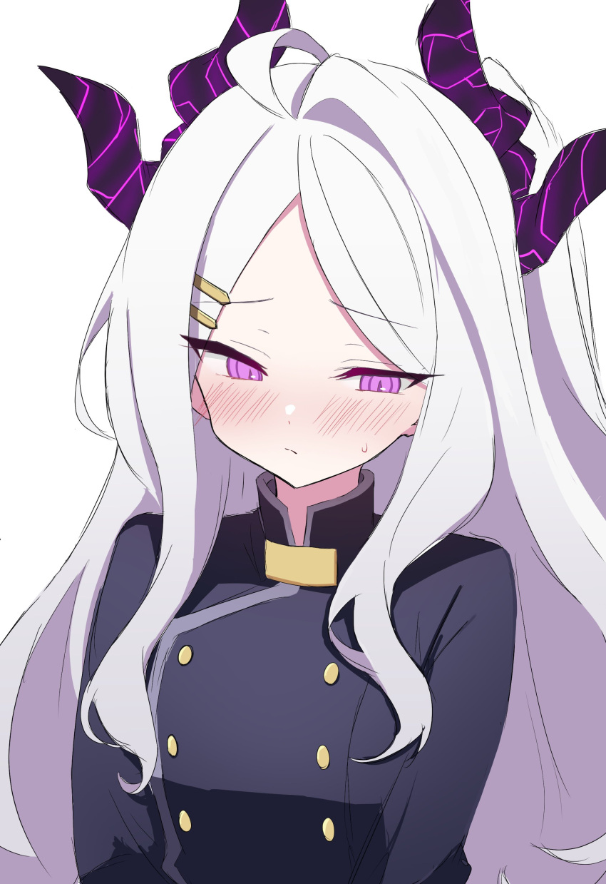 1girl, absurdres, black_horns, blue_archive, blue_coat, blush, coat, demon_girl