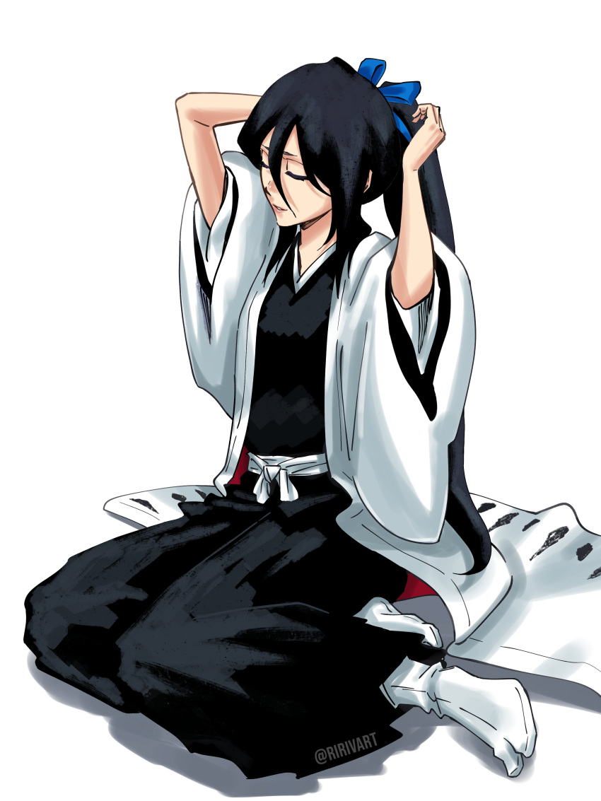 1girl, absurdres, black_kimono, bleach, bleach:_epilogue, blue_bow, bow, closed_eyes, english_commentary, hair_between_eyes, hair_bow, haori, highres, japanese_clothes, kimono, kuchiki_rukia, long_hair, on_ground, parted_lips, ponytail, ririvart, sitting, solo, taichou_haori, twitter_username, white_background, yokozuwari