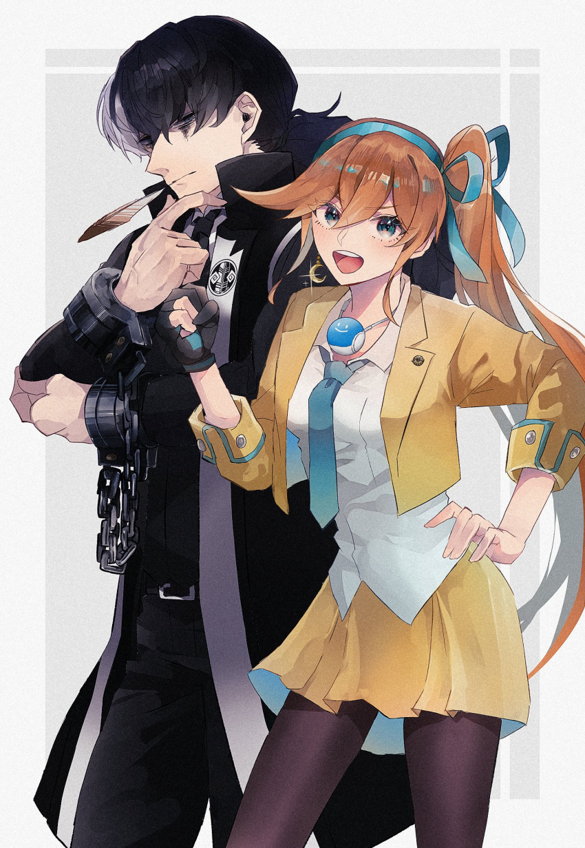 1boy, 1girl, ace_attorney, athena_cykes, black_gloves, black_hair, black_necktie, black_pants