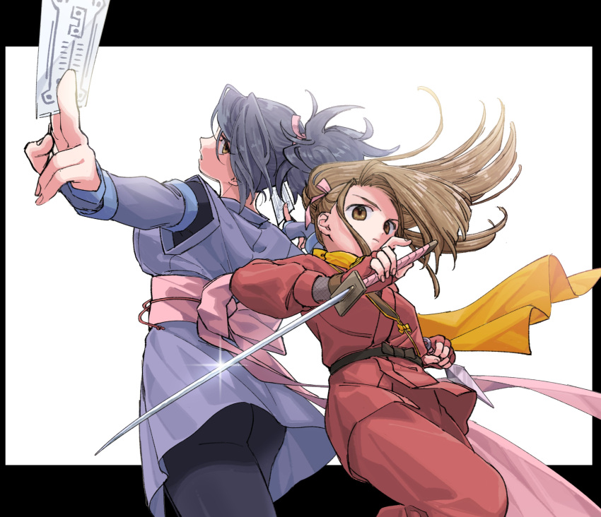 2girls, 4lily, absurdres, brown_eyes, brown_hair, closed_mouth, dress, fingerless_gloves