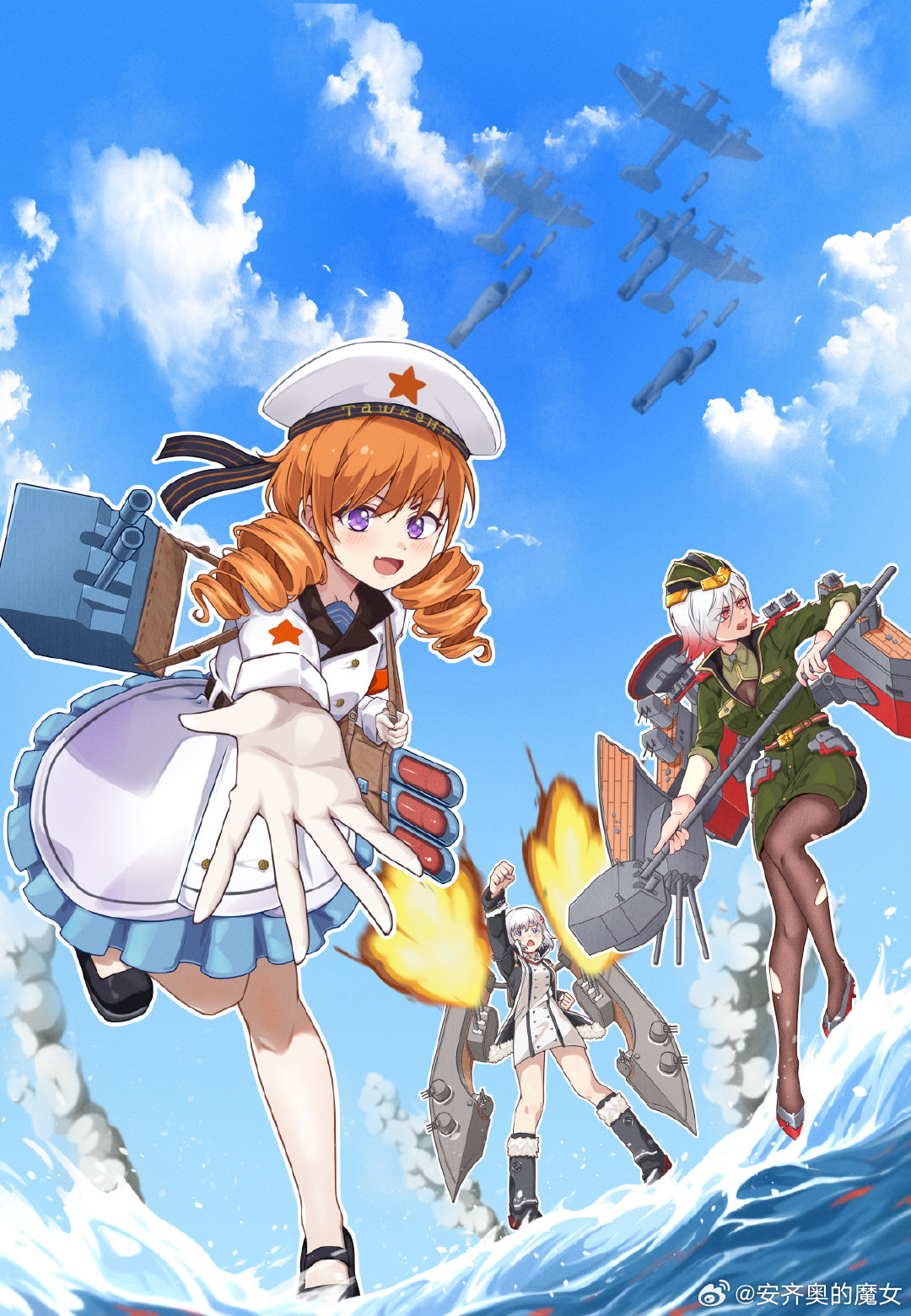 3girls, aircraft, airplane, anqiao_de_monv, blue_eyes, clouds, day, dress, drill_hair, fighter_jet, gradient_hair, hat, highres, long_hair, machinery, military, military_uniform, military_vehicle, multicolored_hair, multiple_girls, ocean, open_mouth, orange_hair, pantyhose, red_eyes, redhead, short_hair, sky, smoke, sovetsky_soyuz_(warship_girls_r), stalingrad_(warship_girls_r), tashkent_(warship_girls_r), torpedo_launcher, turret, twin_drills, violet_eyes, warship_girls_r, water, watercraft, waving, weapon, weibo_logo, weibo_watermark, white_hair