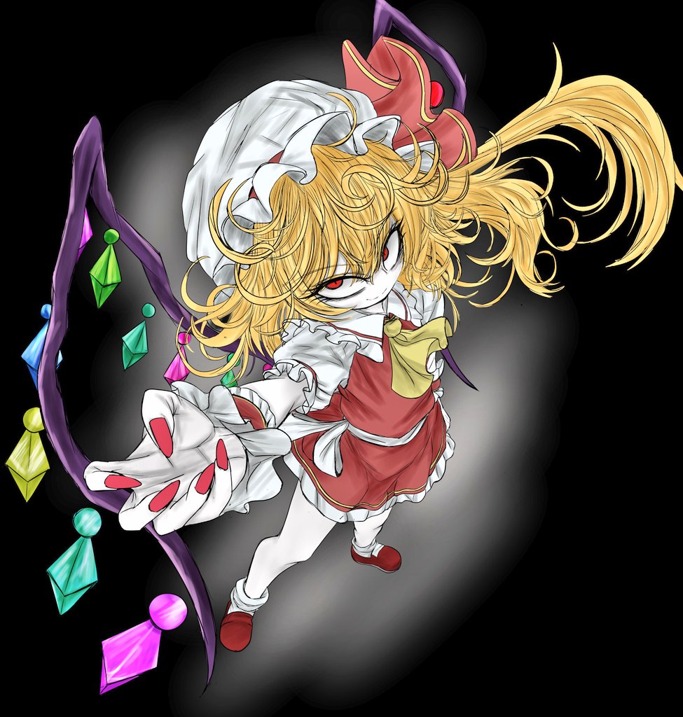 1girl, ascot, black_background, blonde_hair, crystal_wings, flandre_scarlet, from_above, full_body