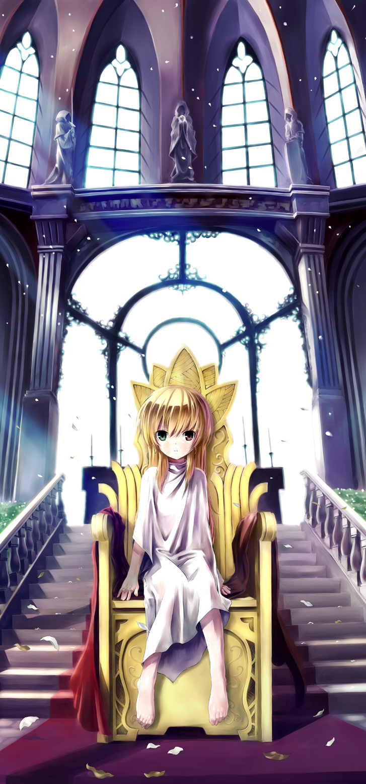 blonde_hair, green_eyes, hair_down, heterochromia, highres, leaf, long_hair, lyrical_nanoha