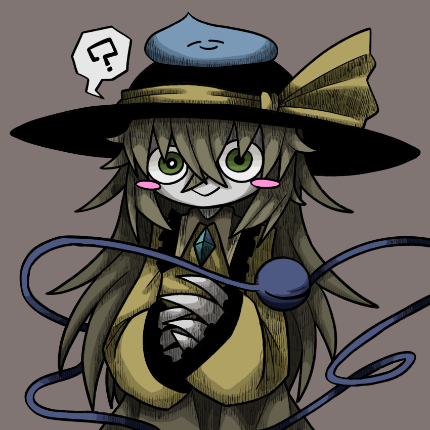 1girl, ?, black_hat, blush_stickers, buttons, closed_mouth, collared_shirt, colored_skin