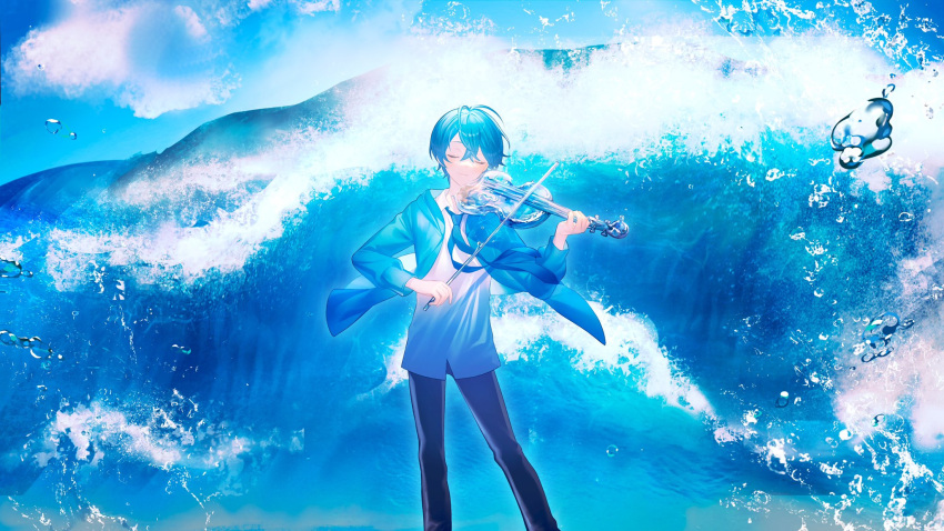 1boy, black_pants, blue_hair, blue_jacket, blue_necktie, blue_theme, bow_(music), closed_eyes, clouds, collared_shirt, colon_(stpri), crossed_bangs, day, facing_viewer, feet_out_of_frame, floating_clothes, hair_between_eyes, highres, holding, holding_bow_(music), holding_instrument, holding_violin, instrument, jacket, liquid_instrument, long_sleeves, male_focus, music, necktie, ocean, official_art, open_clothes, open_jacket, pants, playing_instrument, sayu_(snowman_and_mayu), shirt, short_hair, smile, solo, standing, strawberry_prince, surges_(song), untucked_shirt, utaite, violin, waves, white_shirt