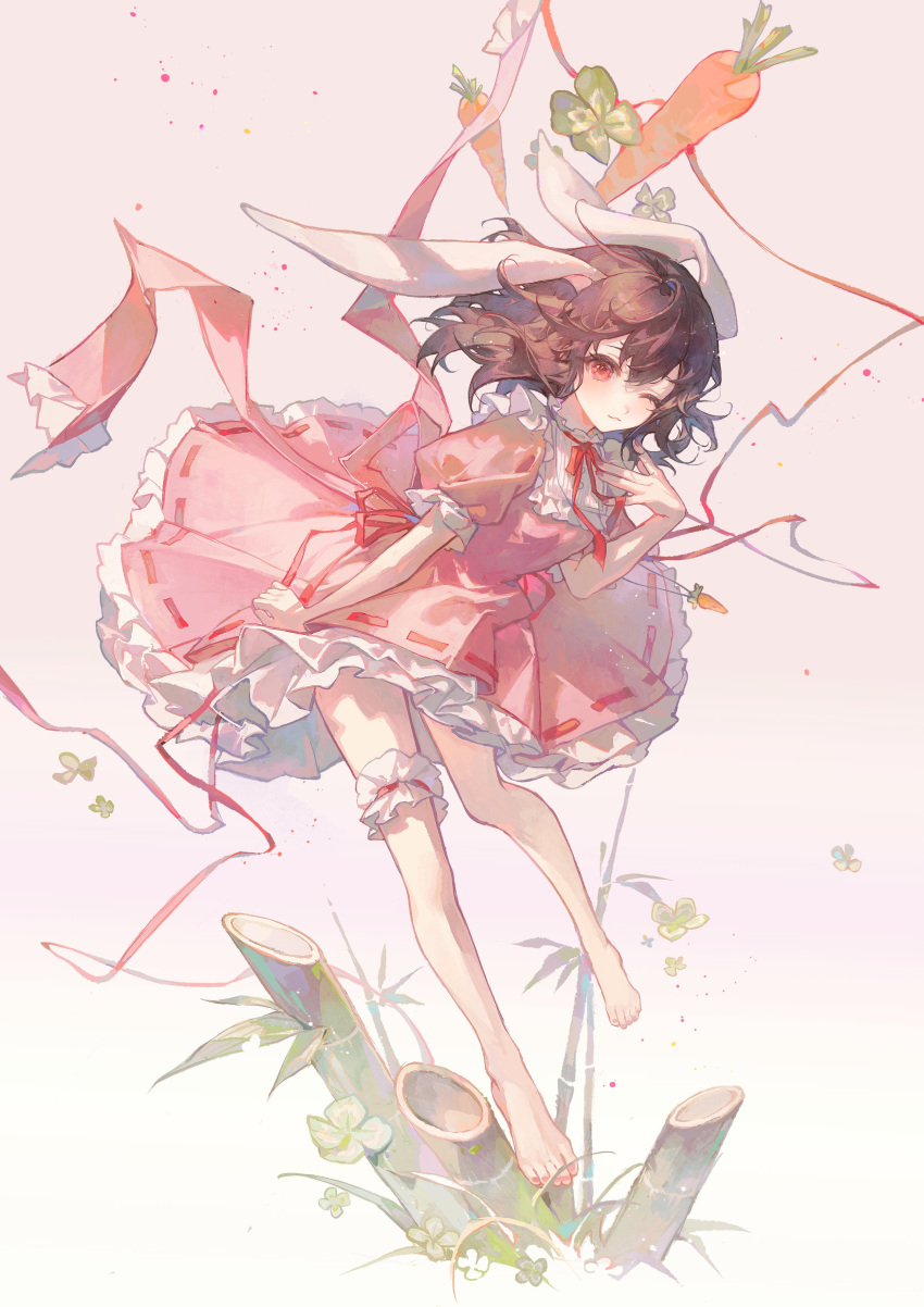 1girl, ;3, absurdres, animal_ears, bamboo, barefoot, bridal_garter, brown_hair
