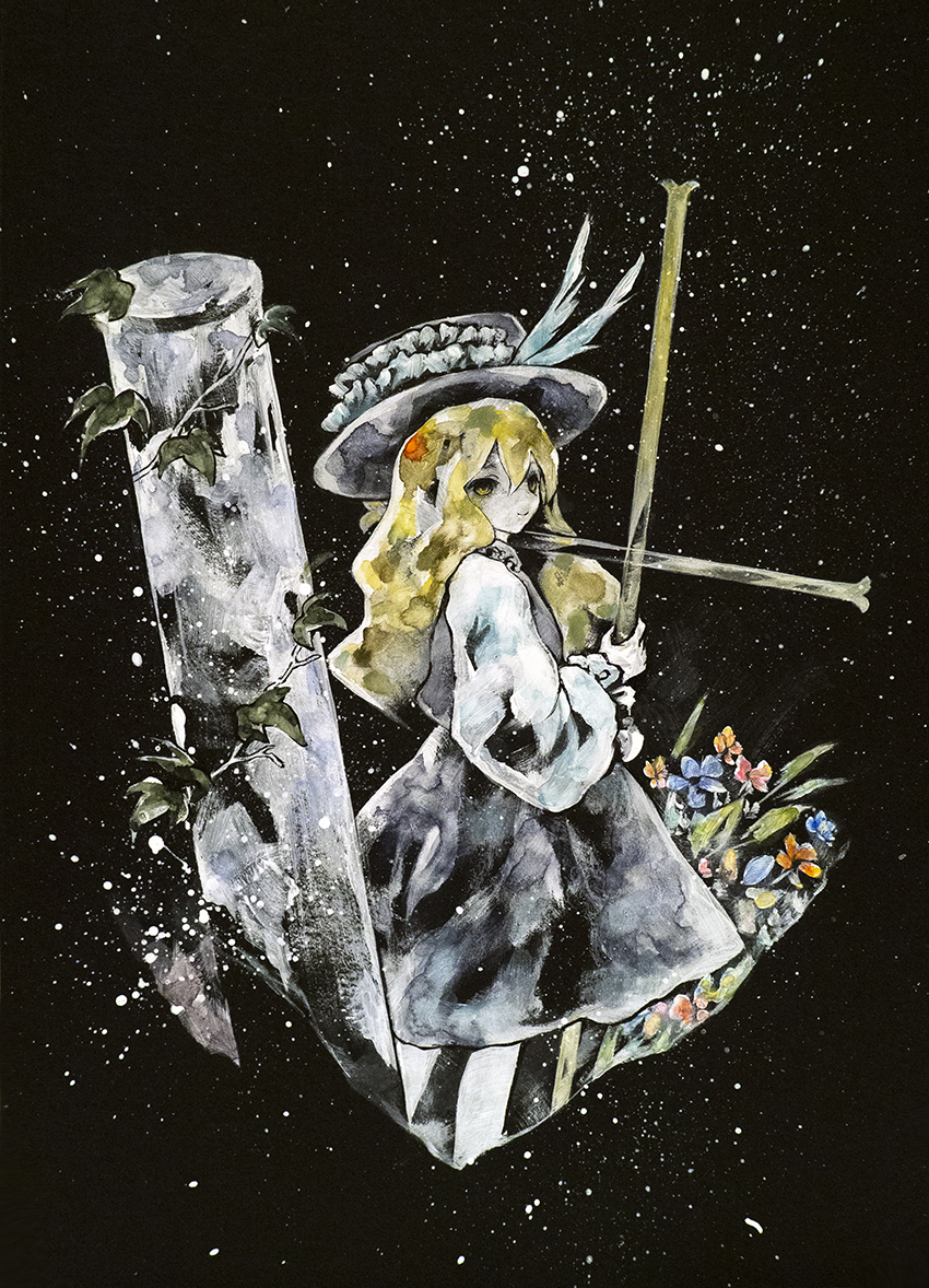 1girl, black_background, blonde_hair, blue_flower, dolls_in_pseudo_paradise, english_text, flower, ikeda_ruriko