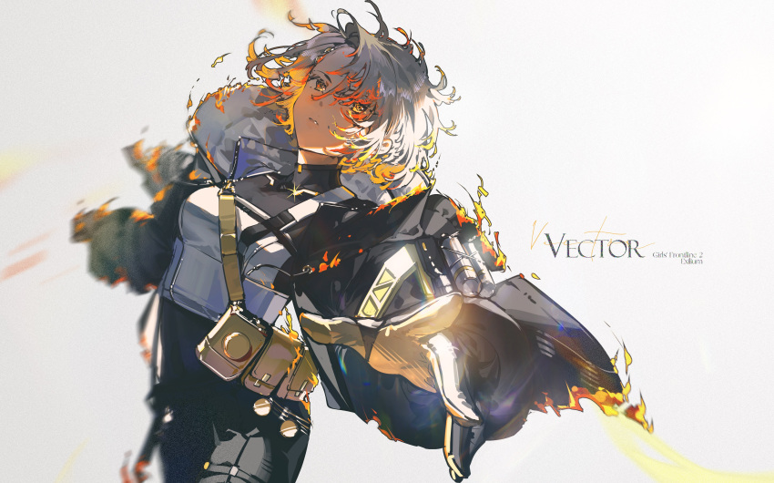 1girl, absurdres, black_gloves, black_jacket, black_pants, blueblossom, burning_clothes, character_name