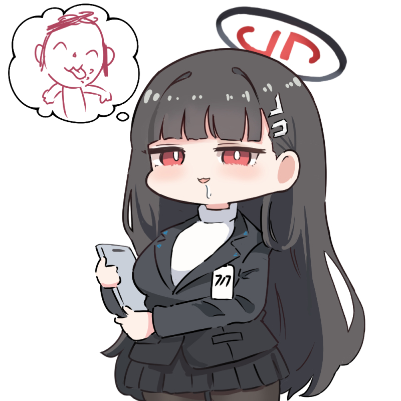 1girl, black_hair, black_halo, black_jacket, black_pantyhose, black_skirt, blue_archive, chibi