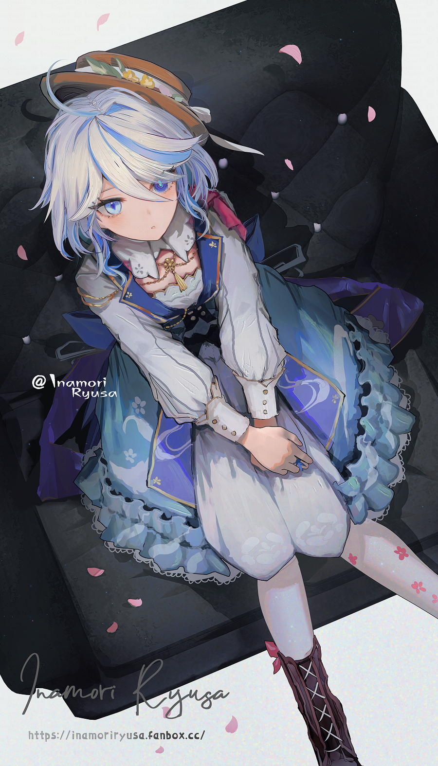 1girl, :o, ahoge, artist_name, blue_bow, blue_eyes, blue_hair, boots