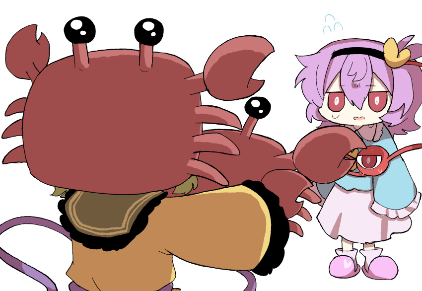 2girls, animal_hat, blue_shirt, bright_pupils, buttons, crab, crab_claw, crab_hat, facing_another, facing_away, flying_sweatdrops, frilled_shirt, frilled_shirt_collar, frilled_skirt, frilled_sleeves, frills, green_hair, hair_between_eyes, hair_ornament, hat, heart, heart_button, heart_hair_ornament, highres, holding, holding_hat, holding_unworn_clothes, jitome, komeiji_koishi, komeiji_satori, long_sleeves, looking_at_another, medium_hair, multiple_girls, open_mouth, pink_hair, pink_skirt, red_eyes, shirt, siblings, simple_background, sisters, skirt, sleeves_past_fingers, sleeves_past_wrists, slippers, socks, standing, sweat, sweatdrop, touhou, white_background, white_pupils, white_socks, wide_sleeves, yellow_shirt, zunusama