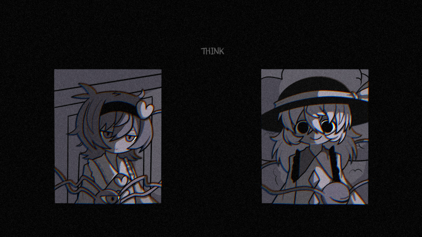 2girls, black_background, buttons, closed_mouth, crossed_bangs, diamond_(shape), diamond_button, empty_eyes