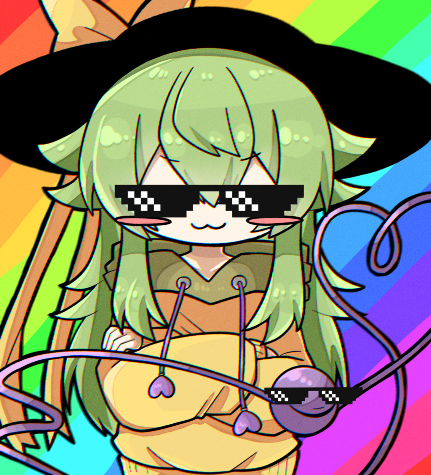 1girl, :3, adapted_costume, black_hat, blush, blush_stickers, bow, chromatic_aberration