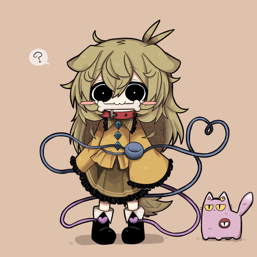 1girl, :<, :3, ?, animal_collar, animal_ears, animalization, black_eyes, black_footwear, blush_stickers, bone, boots, bright_pupils, buttons, cat, collar, diamond_(shape), diamond_button, dog_ears, dog_girl, dog_tail, dress, floppy_ears, frilled_dress, frilled_shirt_collar, frilled_sleeves, frills, full_body, green_hair, green_skirt, green_tail, hair_between_eyes, hair_ornament, heart, heart_hair_ornament, heart_of_string, highres, jitome, kemonomimi_mode, komeiji_koishi, komeiji_satori, komeiji_satori_(cat), long_hair, long_sleeves, looking_at_viewer, mouth_hold, no_headwear, pigeon-toed, pink_cat, pink_hair, red_collar, shirt, short_eyebrows, siblings, simple_background, sisters, skirt, sleeves_past_fingers, sleeves_past_wrists, slit_pupils, smile, speech_bubble, spoken_question_mark, standing, tail, touhou, white_cat, white_pupils, wide_sleeves, yellow_shirt, zunusama