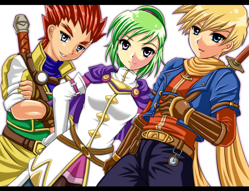 blonde_hair, blue_eyes, capelet, crossed_arms, golden_sun, golden_sun:_dark_dawn, gomabee, green_hair