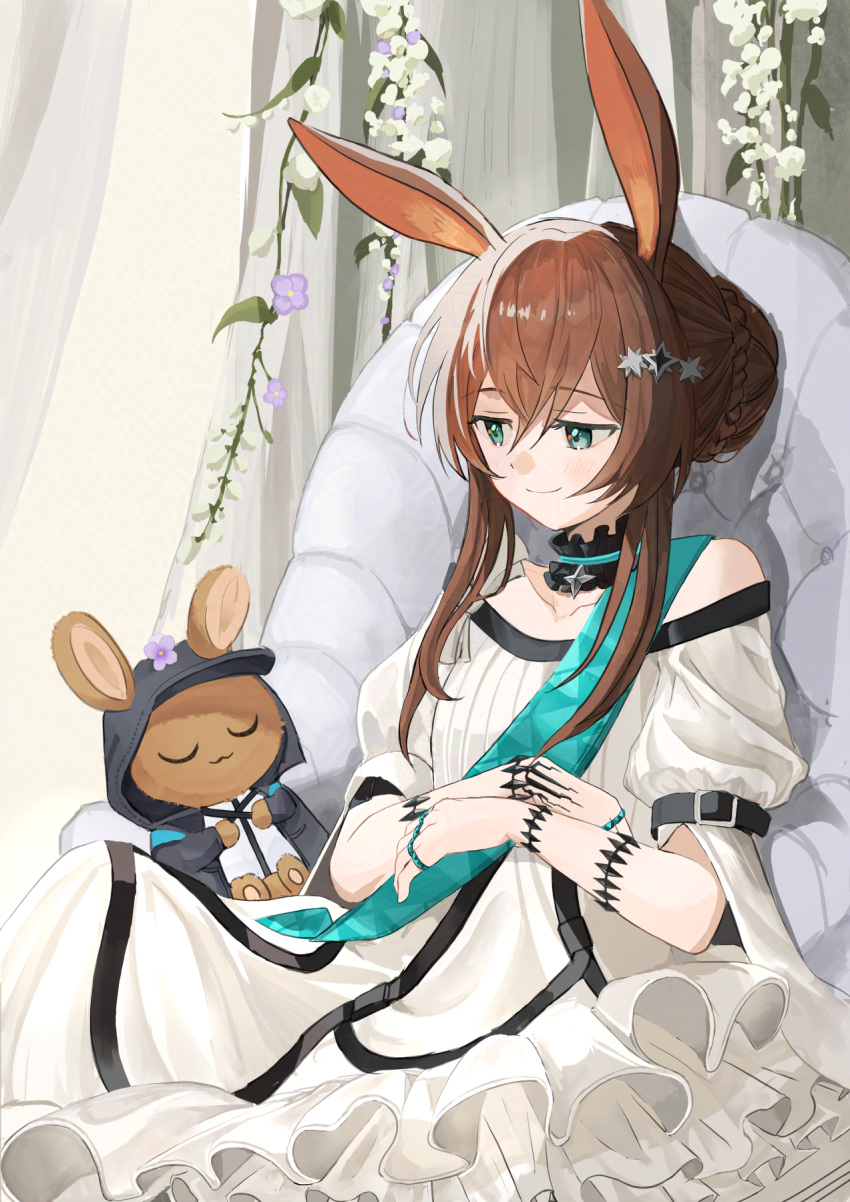 1girl, amiya_(arknights), animal_ears, arknights, bare_shoulders, black_choker, blue_eyes, braid