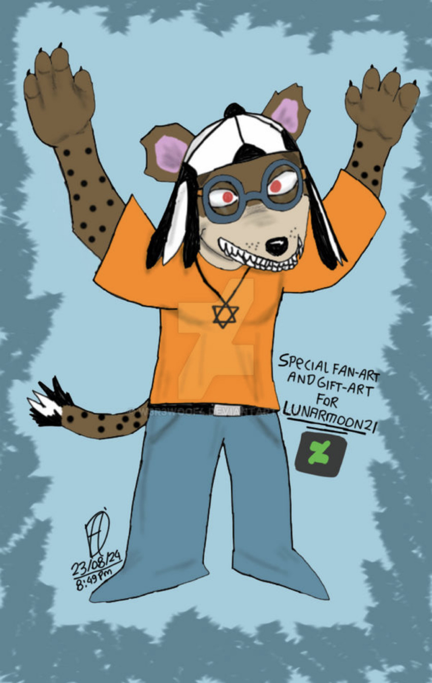 backwards_hat, baseball_cap, furry, hat, highres, hyena, hyena_girl, jewish, multicolored_hair, non-web_source, original, signature, streaked_hair, tsovoa_levone, w3r3w00f4