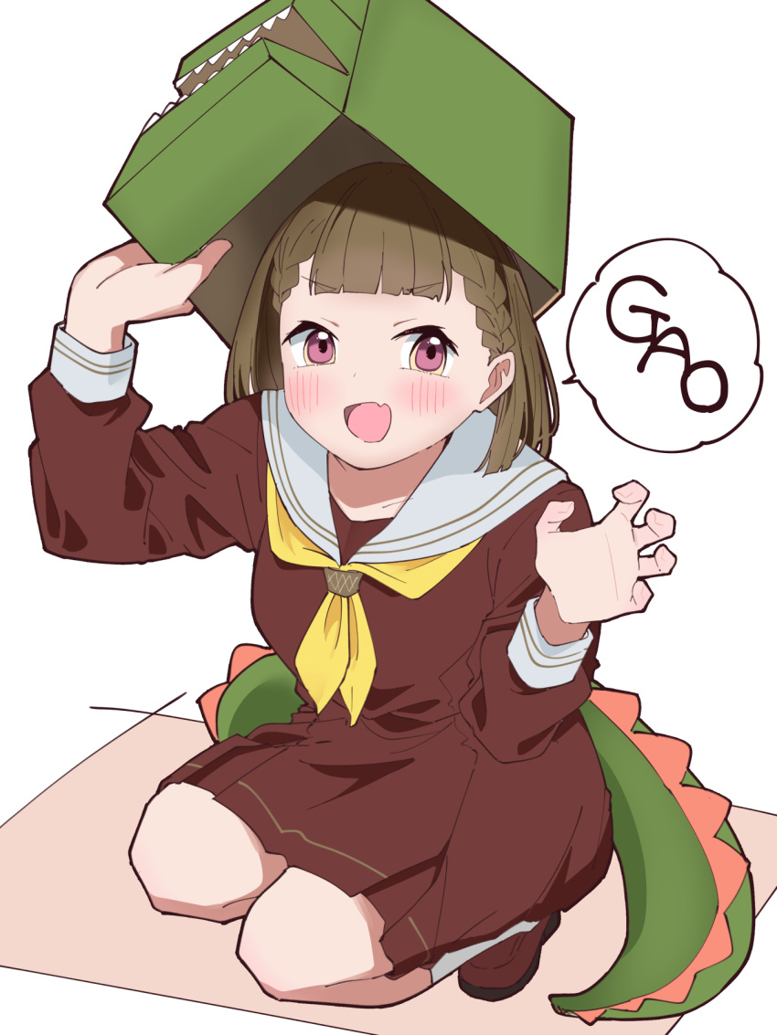 1girl, :d, blush, braid, breasts, brown_dress, brown_footwear, brown_hair