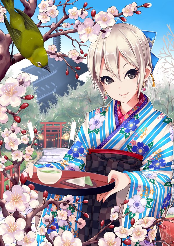 1girl, :3, banner, black_eyes, black_skirt, blue_kimono, blue_ribbon, blue_sky