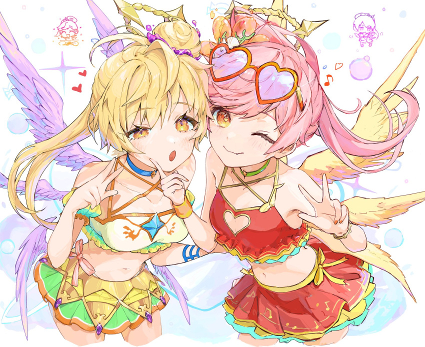 2girls, ace_kin, angel_wings, armpits, bare_arms, blonde_hair, bracelet, breasts
