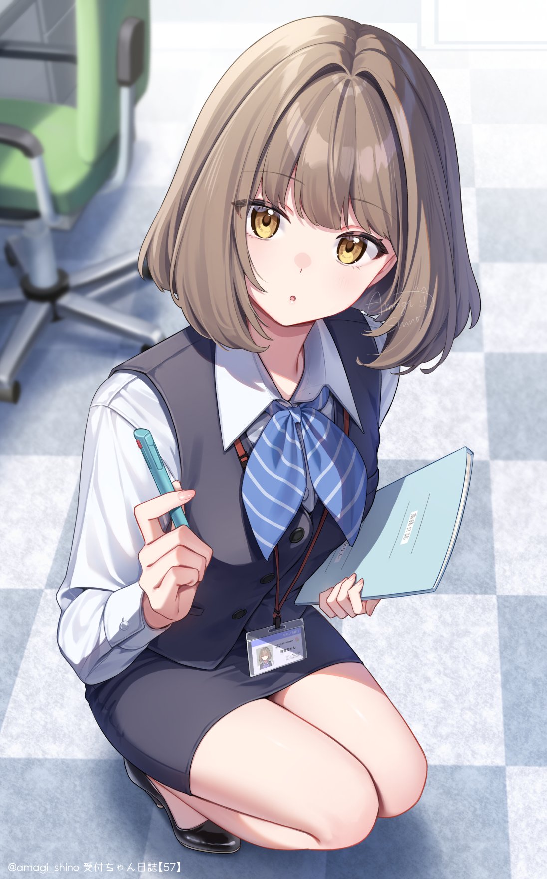 1girl, :o, amagi_shino, black_footwear, black_skirt, black_vest, blue_neckerchief, bob_cut, brown_hair, collared_shirt, commentary, diagonal-striped_clothes, diagonal-striped_neckerchief, dress_shirt, folder, full_body, high_heels, highres, holding, holding_folder, holding_pen, id_card, indoors, lanyard, looking_at_viewer, medium_hair, miniskirt, neckerchief, office, office_lady, original, parted_lips, pen, pencil_skirt, receptionist_kohai_(amagi_shino), shirt, shoes, skirt, solo, squatting, striped_clothes, twitter_username, vest, white_shirt, yellow_eyes