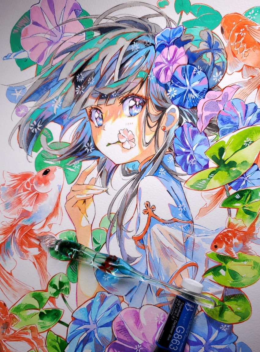1girl, animal, black_hair, blue_eyes, blue_flower, fish, flower, flower_in_mouth, highres, leaf, lily_pad, looking_at_viewer, medium_hair, original, paint_tube, painting_(medium), photo_(medium), pink_flower, plant, purple_flower, short_sleeves, solo, traditional_media, watercolor_(medium), yasou1010