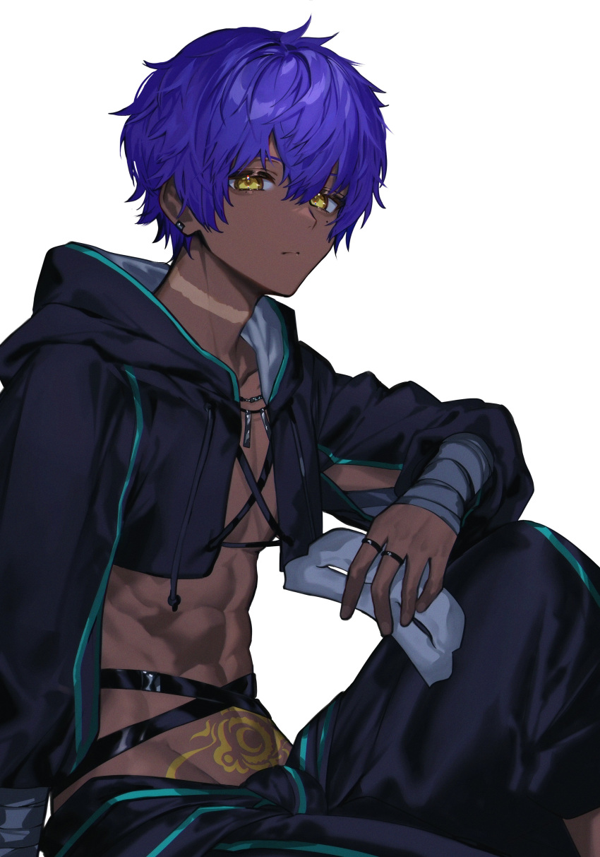 1boy, abs, absurdres, albino_(a1b1n0623), bandaged_arm, bandages, blue_hair, dark-skinned_male