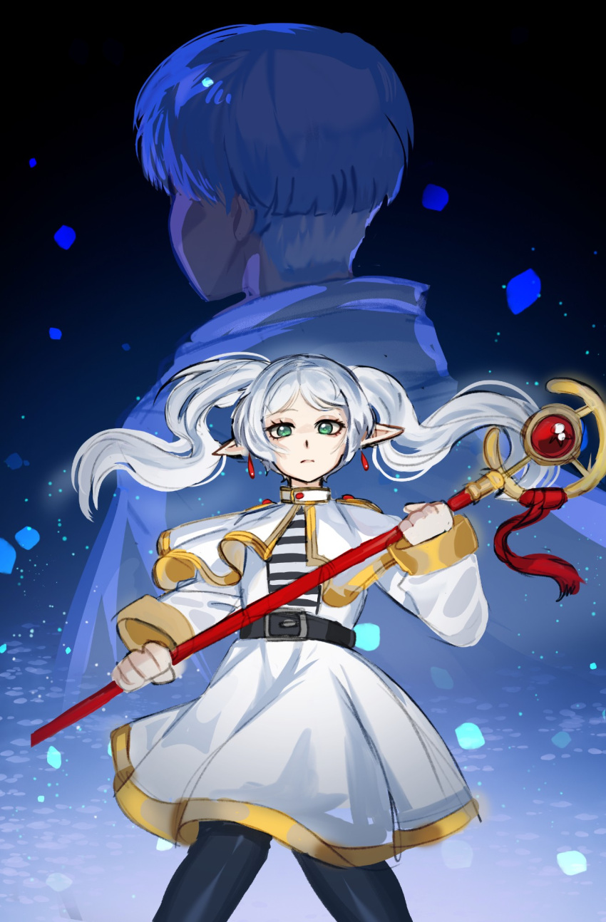 1boy, 1girl, belt, black_belt, black_pantyhose, blue_hair, capelet, closed_mouth, commentary, cowboy_shot, earrings, elf, english_commentary, expressionless, floating_clothes, floating_hair, frieren, green_eyes, highres, himmel_(sousou_no_frieren), holding, holding_staff, horizontal-striped_clothes, jewelry, long_hair, long_sleeves, looking_at_viewer, pantyhose, pointy_ears, short_hair, sketch, skirt, skirt_set, sousou_no_frieren, staff, twintails, two-handed, unfinished, very_short_hair, whimzee, white_capelet, white_hair, white_skirt