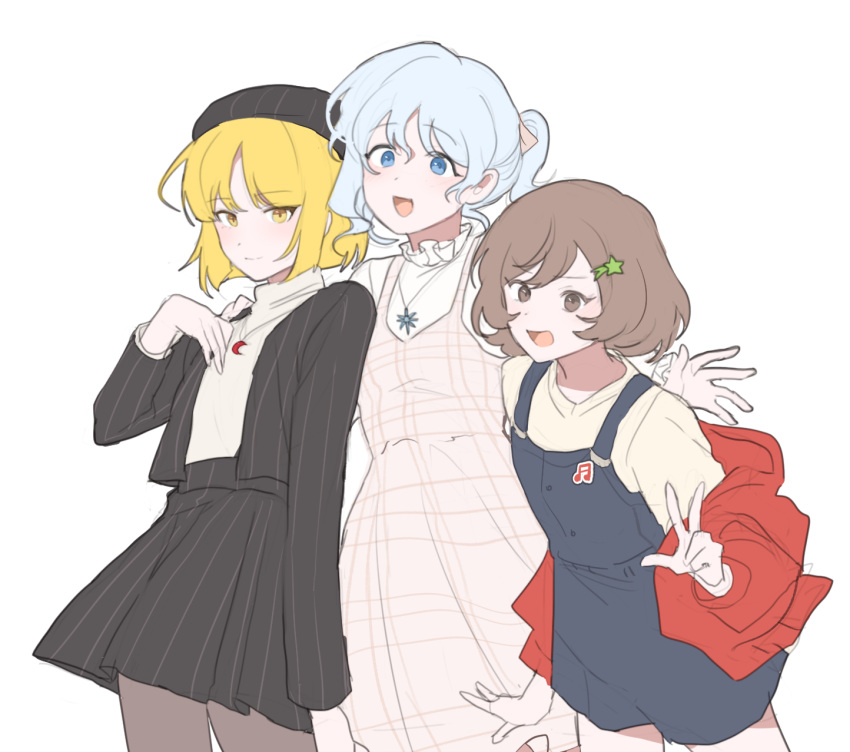 3girls, alternate_costume, beret, black_hat, black_jacket, black_skirt, blonde_hair, blue_eyes, blue_hair, blue_jumpsuit, blunt_ends, blush, brown_eyes, brown_hair, closed_mouth, crescent, crescent_necklace, dress, grey_pantyhose, hair_between_eyes, hair_ornament, hair_ribbon, hand_on_another's_shoulder, hat, highres, hood, hoodie, jacket, jewelry, jumpsuit, long_sleeves, looking_at_viewer, looking_to_the_side, lunasa_prismriver, lyrica_prismriver, merlin_prismriver, multiple_girls, musical_note_ornament, necklace, open_clothes, open_hoodie, open_jacket, open_mouth, pantyhose, pinafore_dress, pink_dress, pink_ribbon, plaid_clothes, plaid_dress, ponytail, puffy_long_sleeves, puffy_sleeves, red_hoodie, ribbon, sarukana, shirt, short_hair, short_sleeves, siblings, simple_background, sisters, skirt, sleeveless, sleeveless_dress, smile, standing, star_(symbol), star_hair_ornament, striped_clothes, striped_jacket, striped_skirt, sun_necklace, sweater, t-shirt, touhou, turtleneck, turtleneck_sweater, vertical-striped_clothes, vertical-striped_jacket, vertical-striped_skirt, w, white_background, white_shirt, white_sweater, yellow_eyes