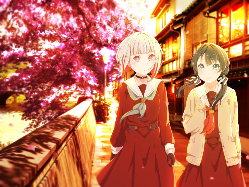 2girls, absurdres, aqua_neckerchief, black_choker, black_gloves, black_hair, blue_eyes, blue_ribbon